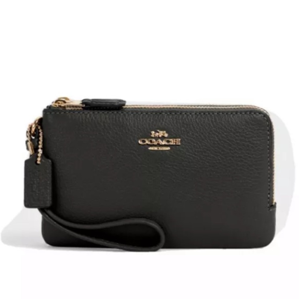 NWT Coach Large Black leather Corner double zip  wallet/phone case